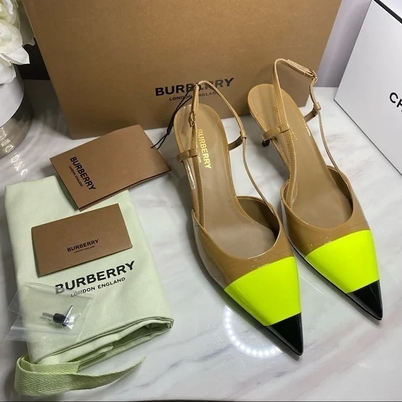 💯Auth.⭐️BURBERRY⭐️ Super Comfy!! Neon/Nude/Black Sling Back Heels NWT & OG Box! - Picture 1 of 15